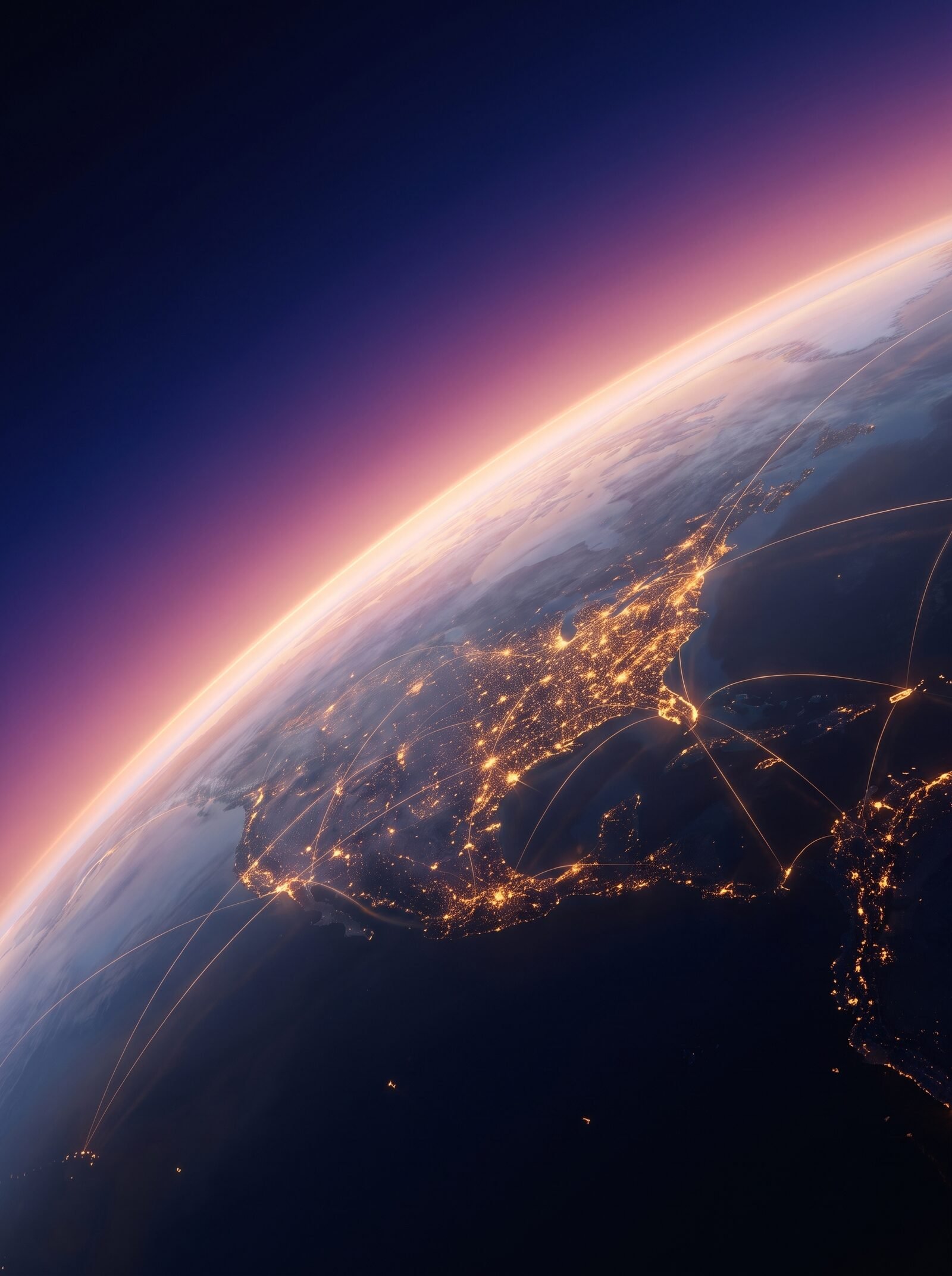 Earth wrapped in a luminous supply network, seen from orbit